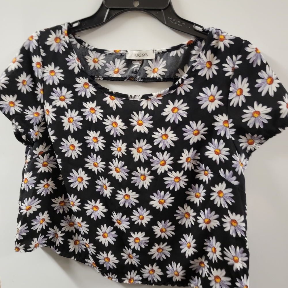 Vintage Black Blouse With Daisies - Size Medium